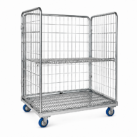 Compact rolling wire cage cart with three mesh sides, mid shelf, and blue swivel casters, empty.
