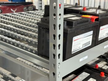 Battery Flow Rack Close Up Corner View Battery Flow Rack Close Up Corner View