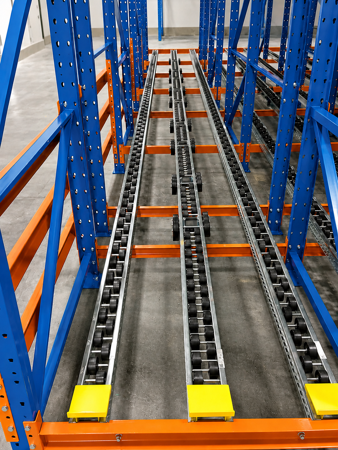 Structural Pallet Rack with Polly Wheel Flow Rails Structural Pallet Rack with Polly Wheel Flow Rails