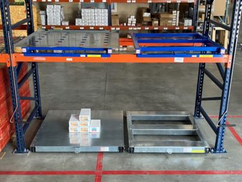 Beam and Floor Mounted Roll Out Pallet Rack Shelves