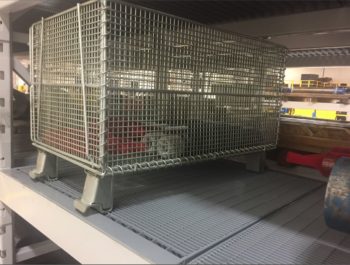 Wire Baskets Safely Stored on Pallet Rack Bar Grate Decking