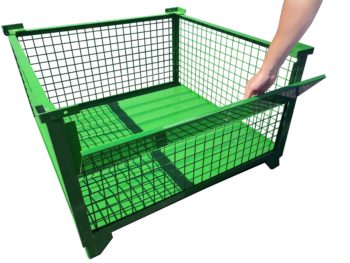 Green Rigid Wire Container with Half Drop Gate Opened