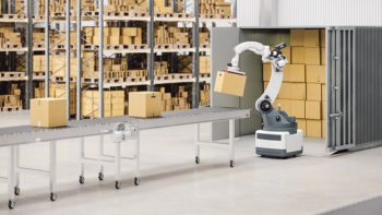 Automated robotic arm unloading boxes from container in a smart distribution warehouse.