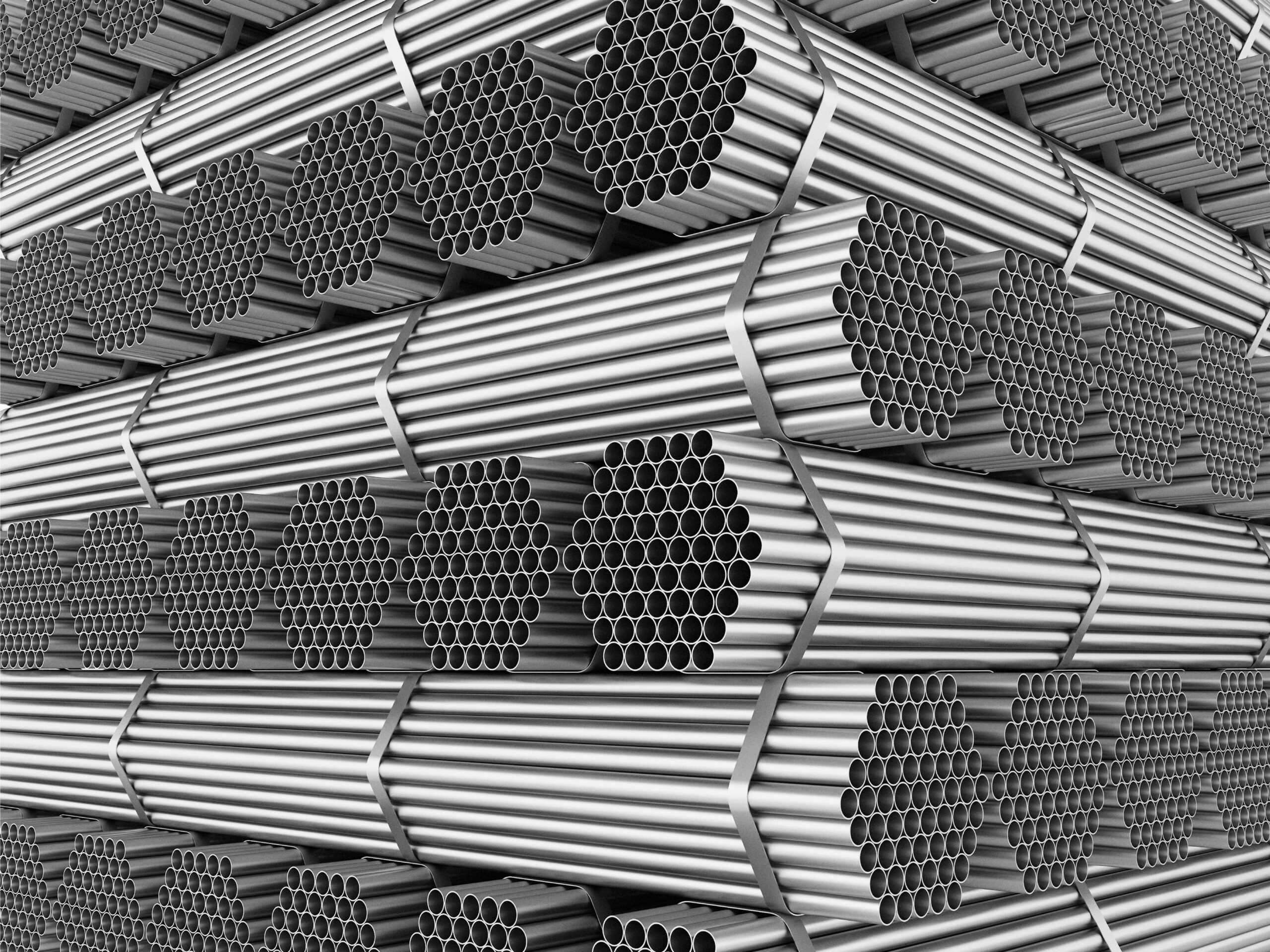 Steel pipes profile stack. Steel galvanized. Stainless steel profiles. 3D rendering. illustration.