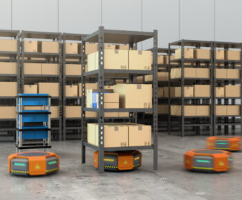 Orange robots carrying pallets with goods in modern warehouse.  Modern delivery center concept. 3D rendering image.