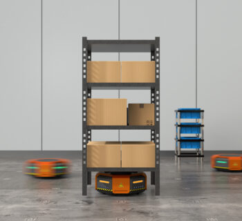 Orange robots carrying pallets with goods in modern warehouse.  Modern delivery center concept. 3D rendering image.