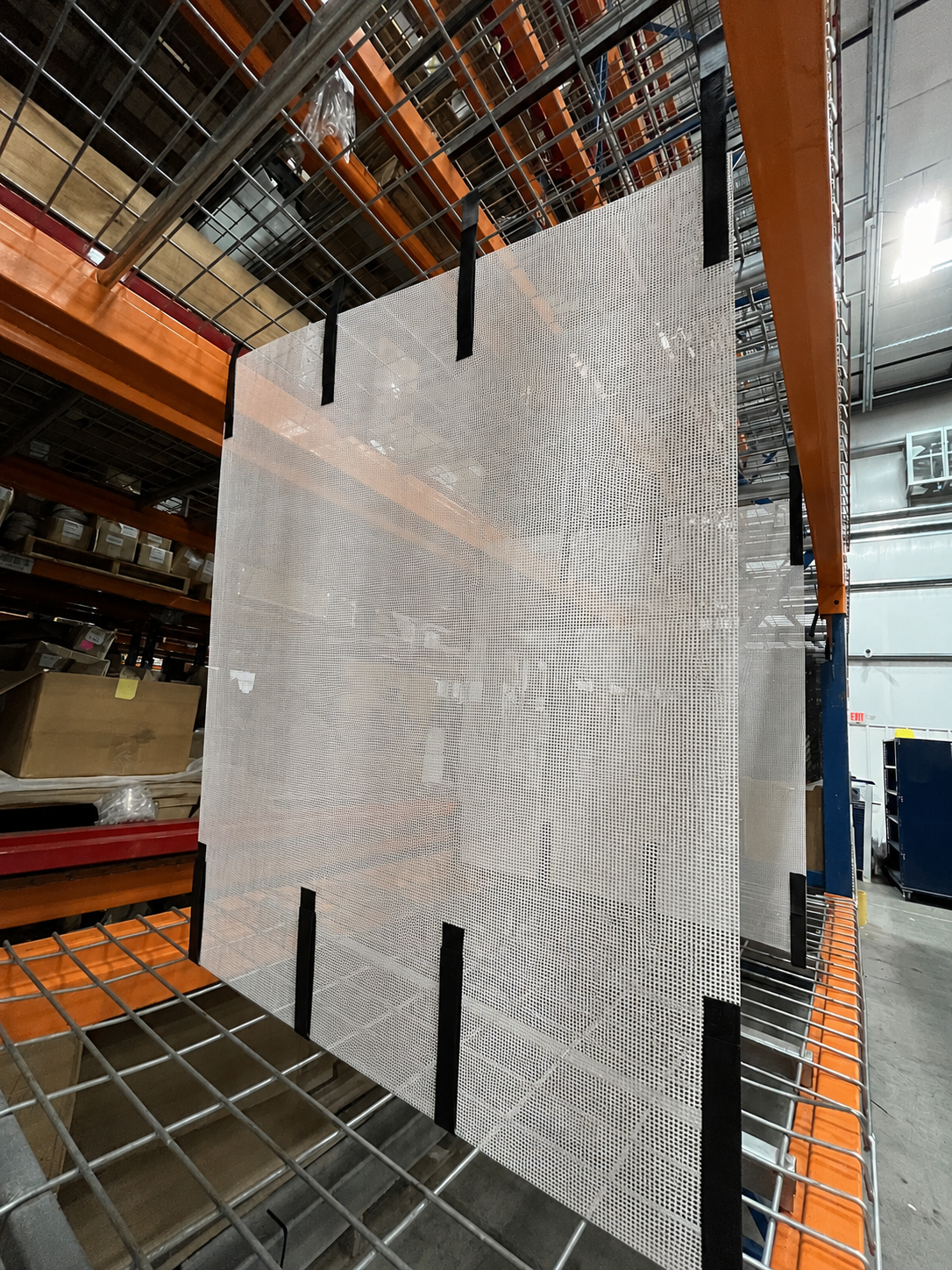 Hanging Vinyl Mesh Pallet Rack Shelf Dividers | Fire Rated NFPA 701 Compliant