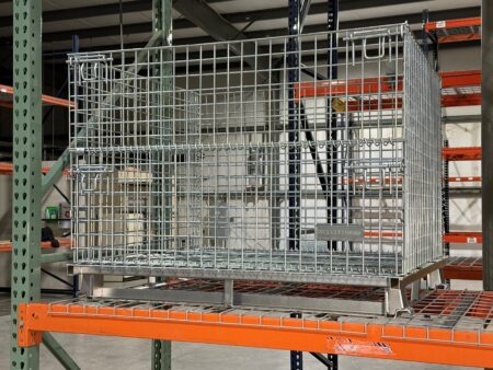 Wire Basket with steel runners stored in interlake pallet rack Wire Basket with steel runners stored in interlake pallet rack