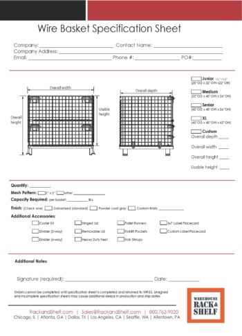 Wire Basket Specification Sheet
